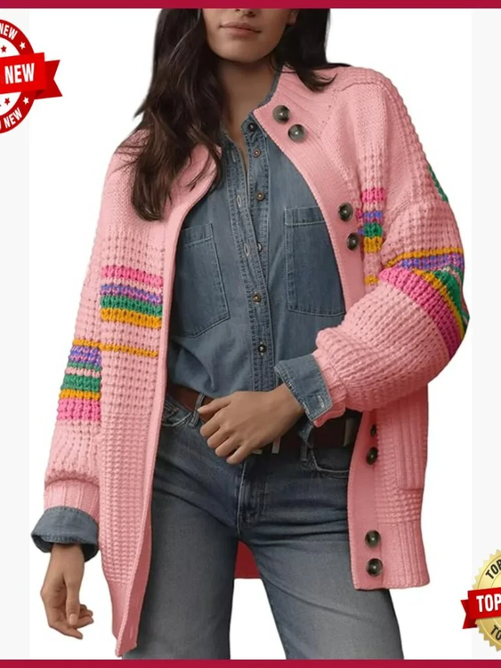 Striped Color Block Open Front Cardigan with Pockets